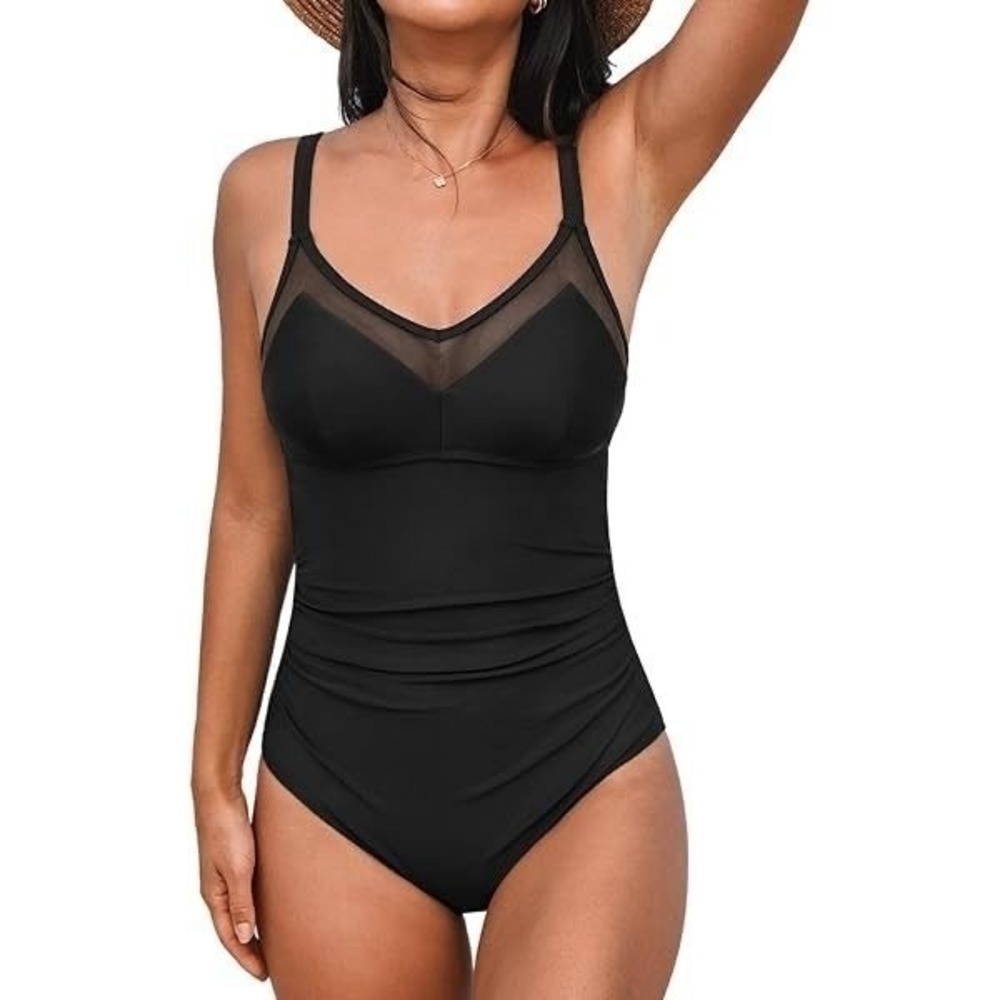 NWT CUPSHE One Piece Swimsuit Bathing Suit V-Neck Back Ruched Mesh Small Black